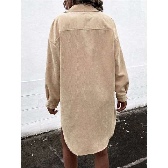 Corduroy Snap Button Flap Pocket Curved Hem Coat Khaki - Picture 3 of 6